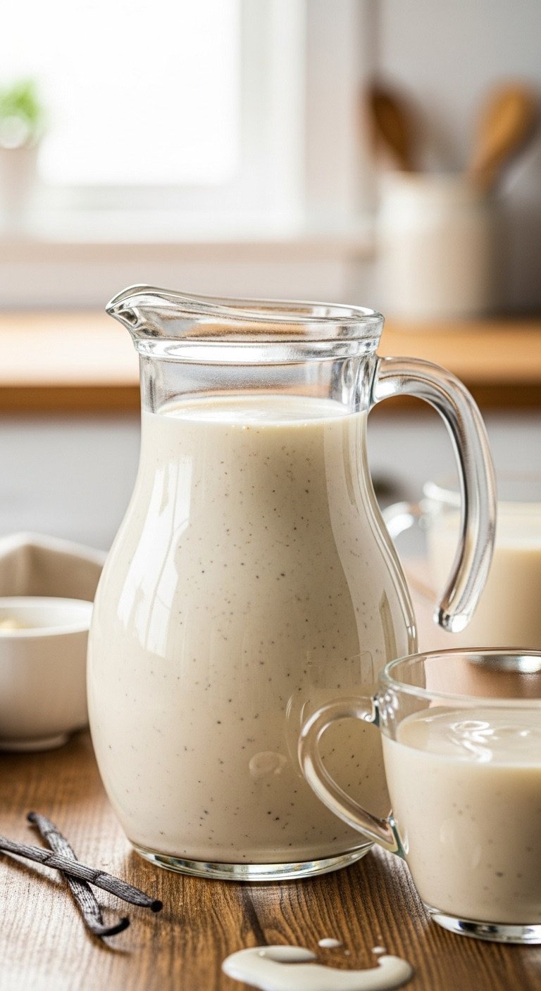 The Easiest Coffee Creamer Recipe With 11 Flavor Ideas 1 A glass pitcher of creamy homemade French vanilla coffee creamer with vanilla bean specks on a rustic wooden table.