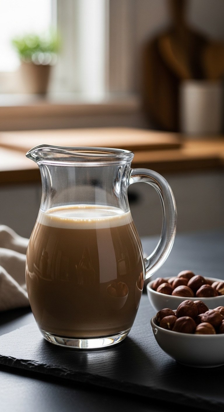 The Easiest Coffee Creamer Recipe With 11 Flavor Ideas 15 A glass pitcher of creamy homemade hazelnut coffee creamer next to a small bowl of shelled hazelnuts on a slate surface.