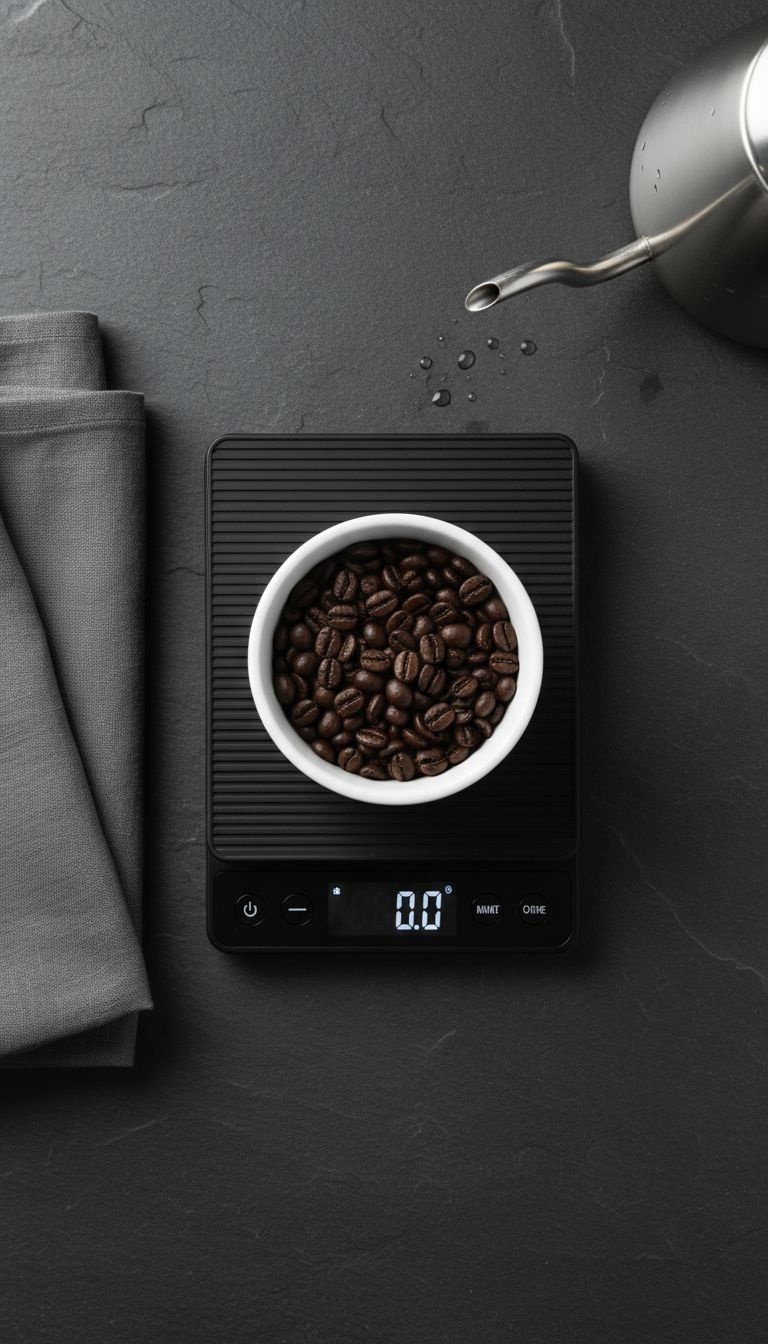 Why Your Coffee Tastes Bad And How To Make It Great 11 A glass pitcher pouring clean, filtered water into a gooseneck kettle on a white marble kitchen counter in bright daylight.