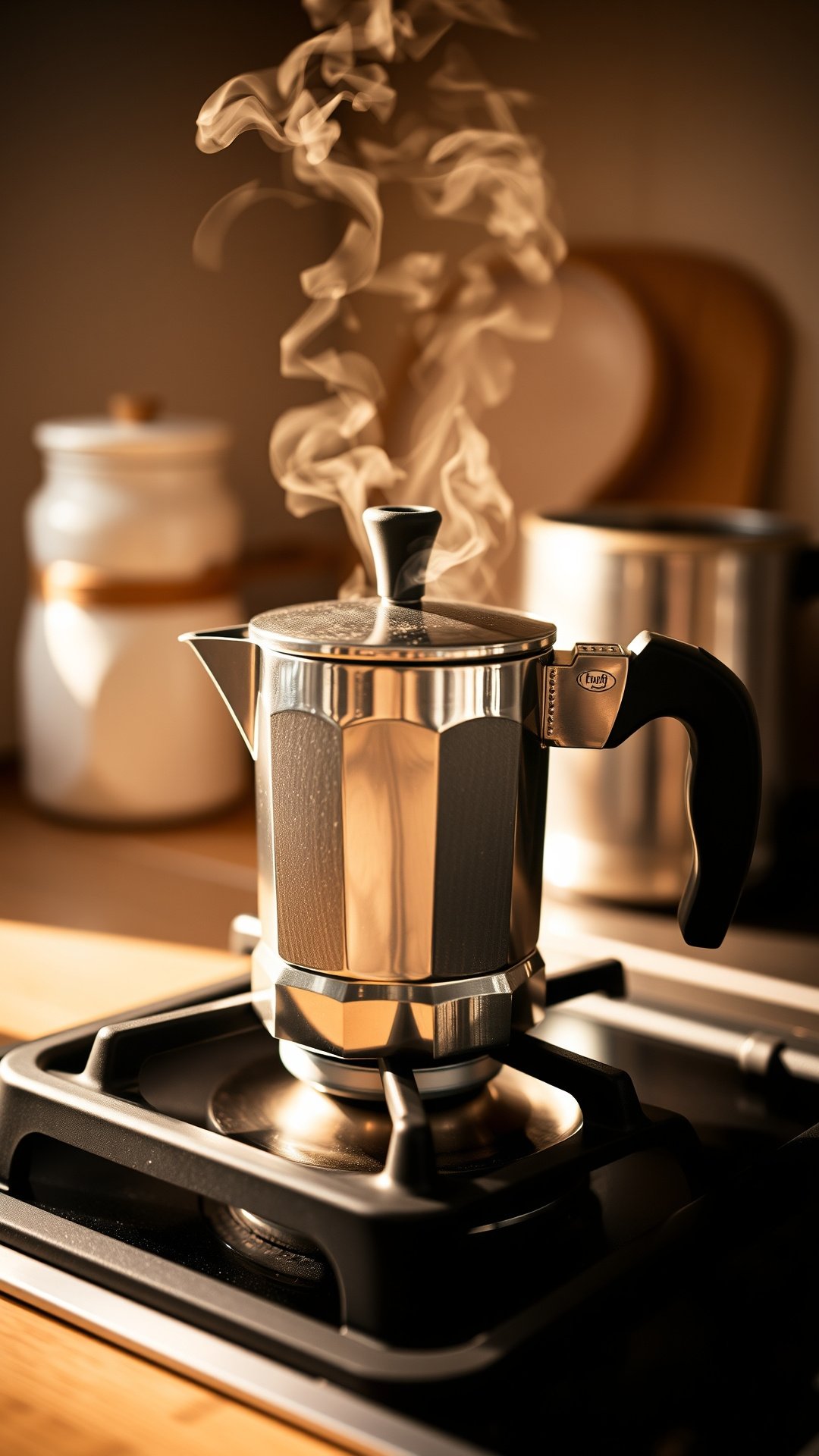 A gleaming stainless steel Moka pot brews dark, rich coffee on a gas stove burner, with whole coffee beans seen in the background.