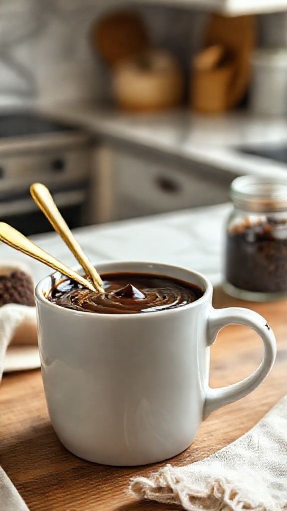 A golden spoon stirs a dark, glossy coffee paste in a white ceramic mug on a rustic wood table for a dalgona coffee recipe.