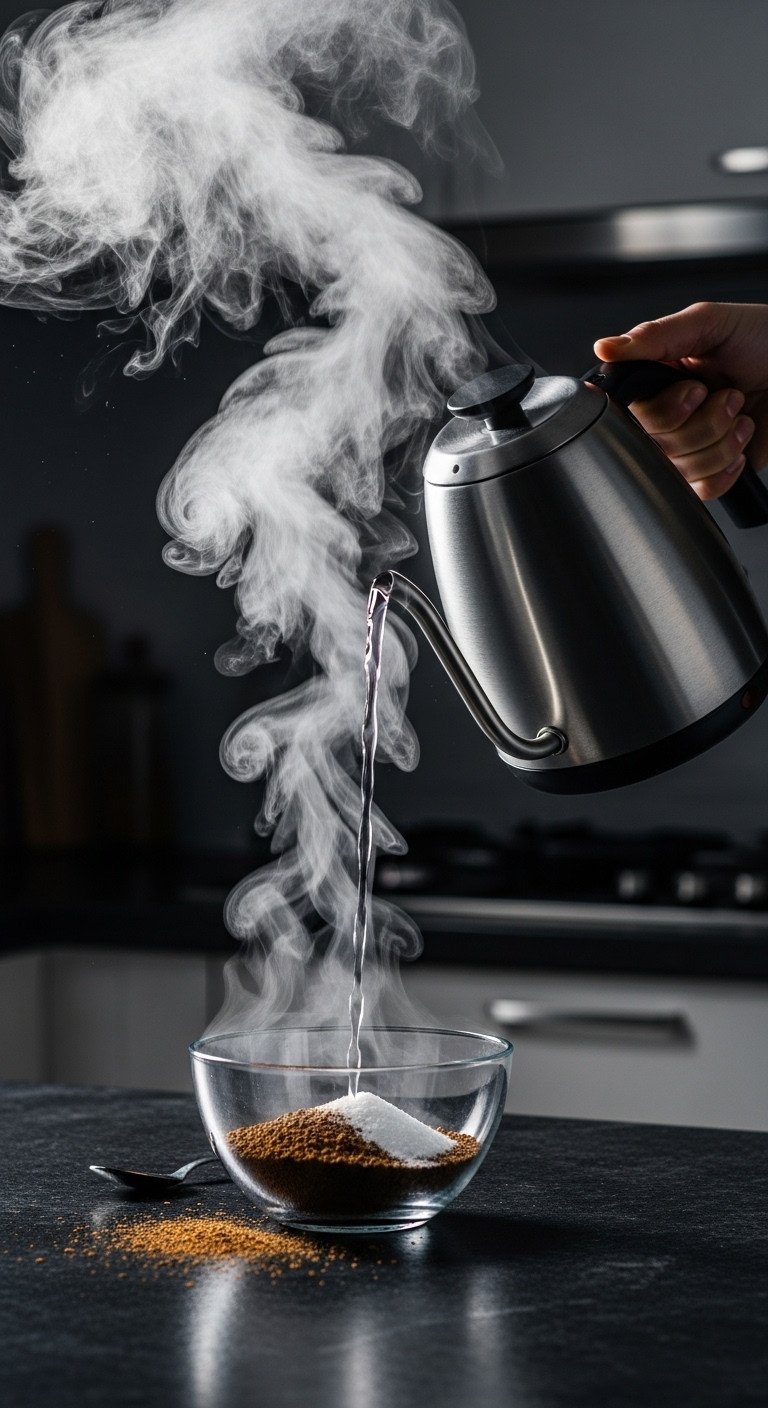 The Perfect Dalgona Coffee Recipe For Fluffy Whipped Coffee 8 A gooseneck kettle pours a thin stream of hot, steaming water into a bowl with coffee and sugar to make Dalgona coffee.