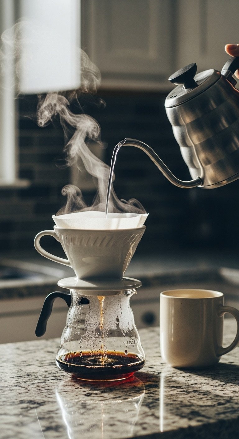 A gooseneck kettle pours hot water to rinse a paper filter in a ceramic V60 dripper, with steam rising from the spout.