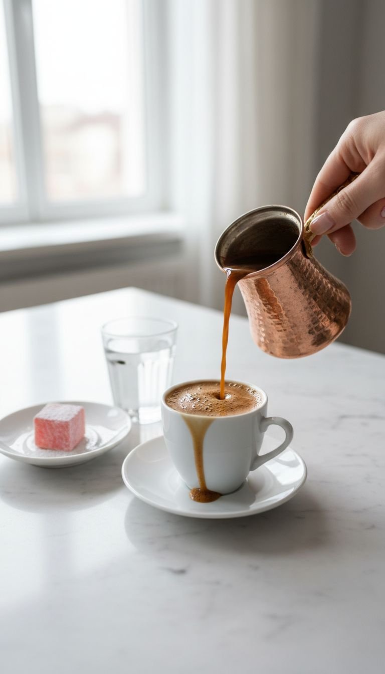 A hand carefully pours dark Turkish coffee from a copper cezve into a cup to preserve the rich layer of foam.