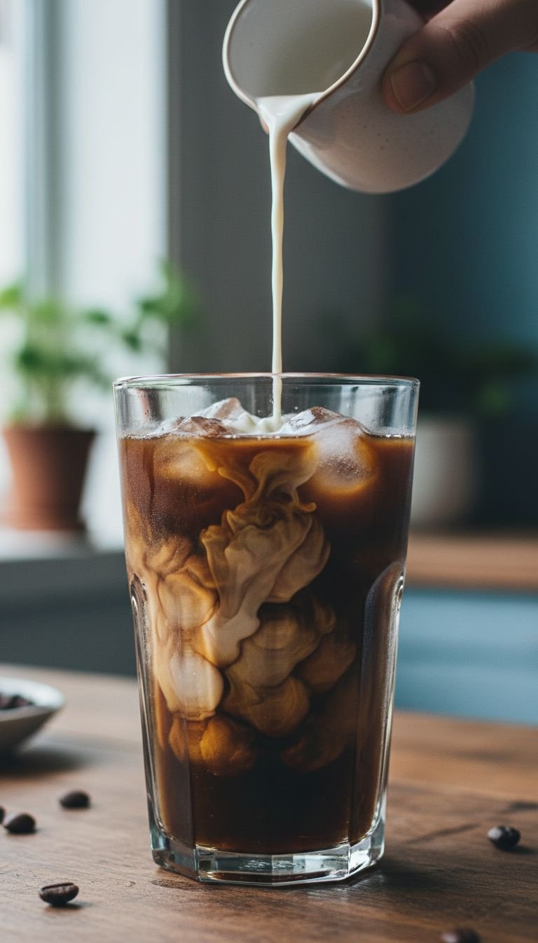 A hand drops dark, frozen coffee ice cubes into an empty glass, a clever hack to prevent watery iced coffee in the kitchen.