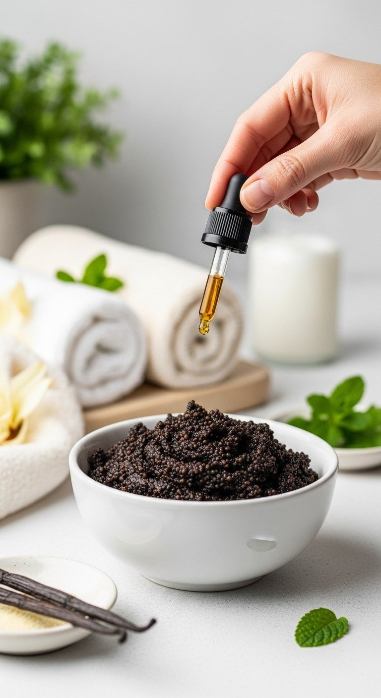 A hand holds a dropper, adding a drop of essential oil to a finished DIY coffee scrub for a custom, natural scent.
