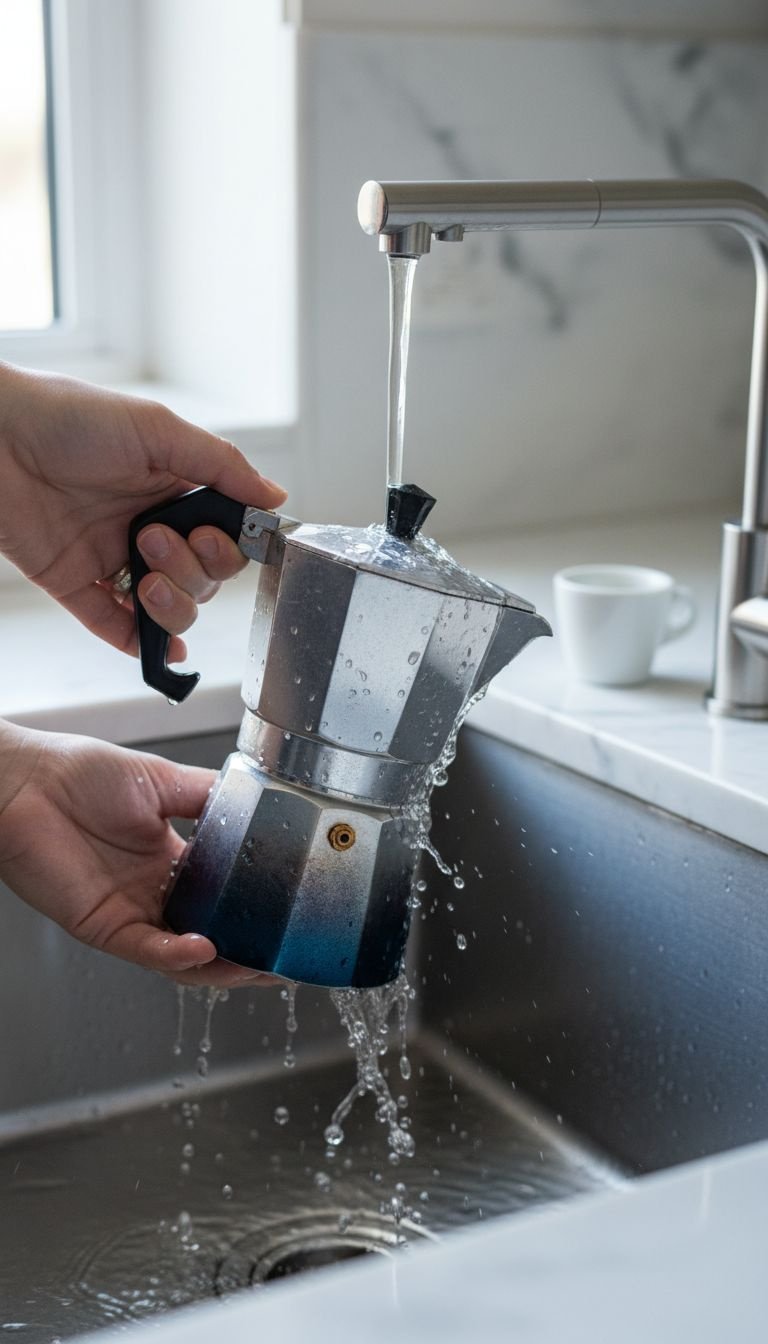 How To Make Moka Pot Coffee That Is Rich And Never Bitter 11 A hand holds a hot Moka pot under a stream of cool running water in a kitchen sink to stop the coffee extraction process.