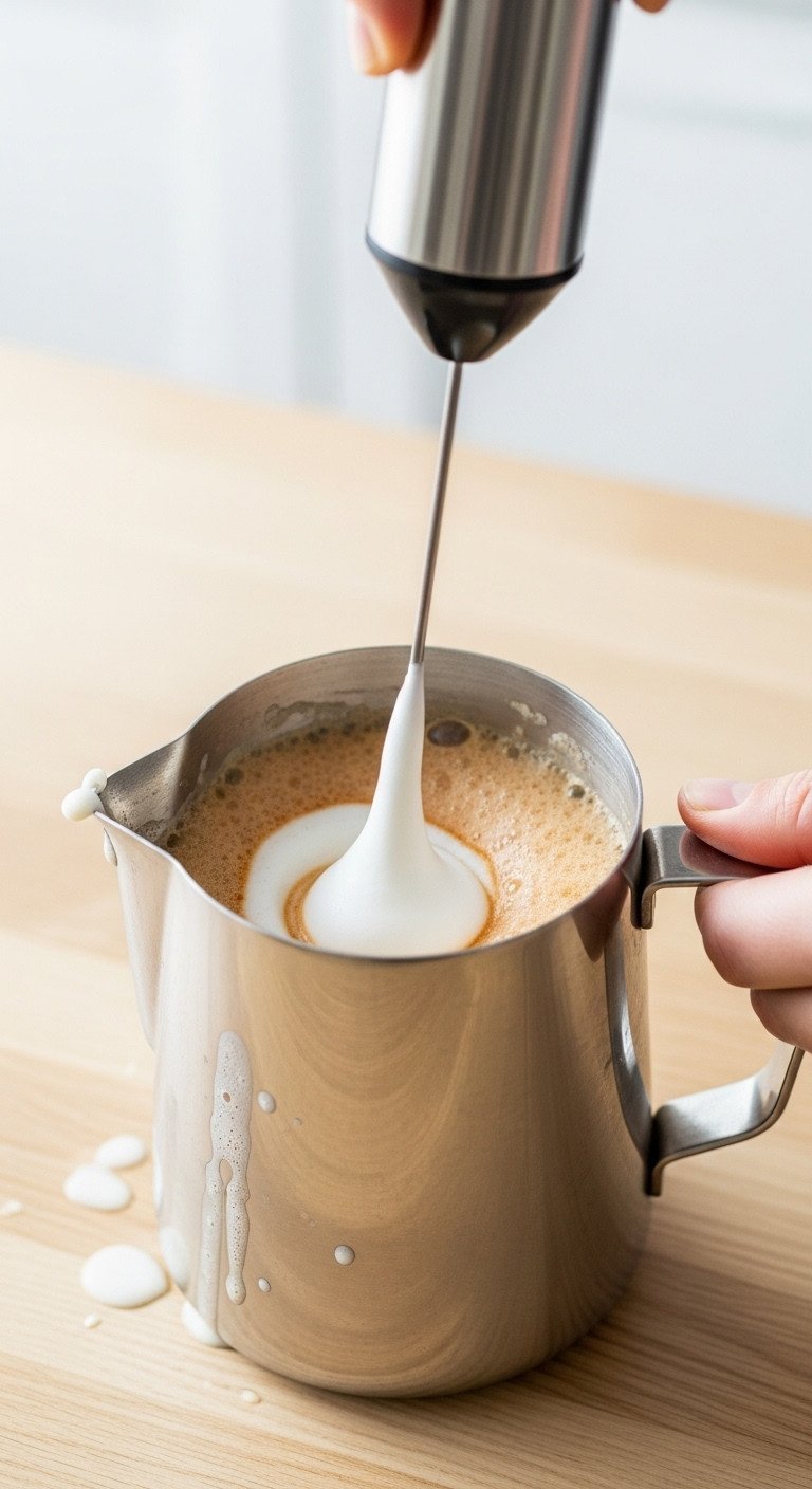 Cozy Chai Tea Latte Recipe That Tastes Better Than A Cafe 11 A hand holds an electric milk frother, creating a vortex of silky microfoam in a stainless steel pitcher of warm chai latte mix.