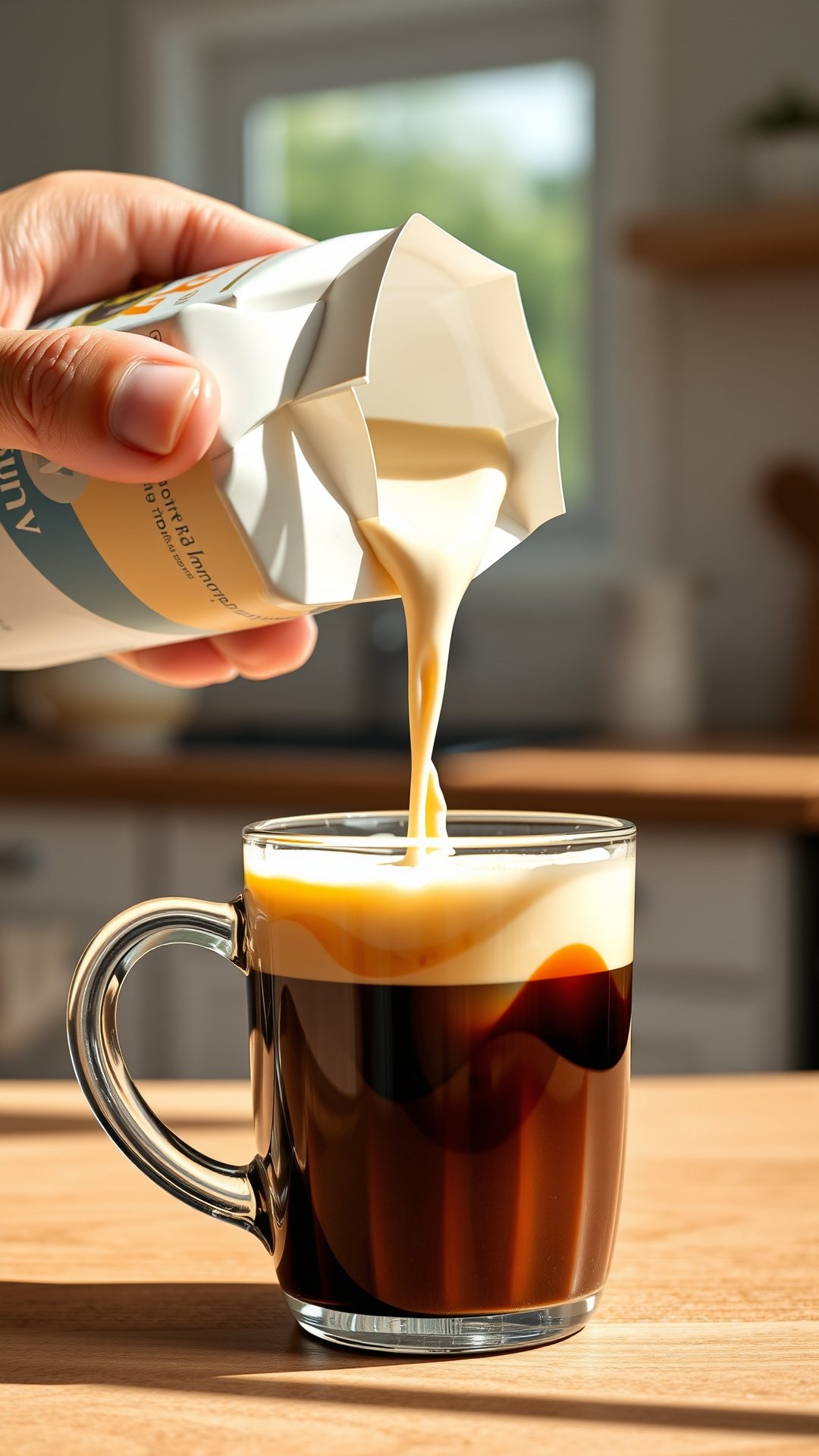 A hand pours creamy vanilla protein shake from a carton into a glass mug of hot coffee, creating a beautiful swirl.