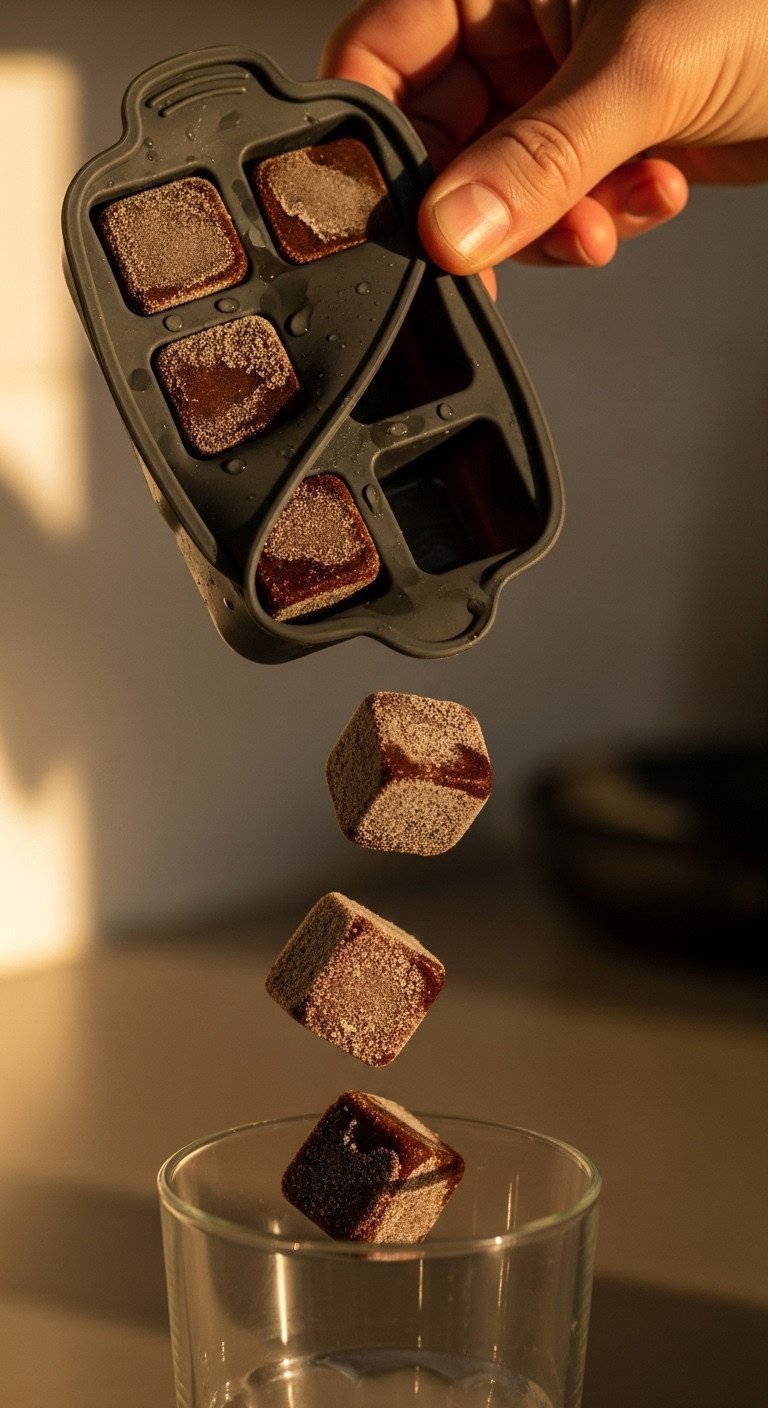 A hand twists a dark gray silicone ice tray, releasing frosty brown coffee ice cubes into a glass in warm afternoon light.