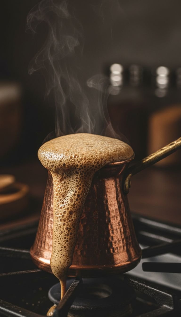 A hand uses a demitasse spoon to carefully transfer rich coffee foam from a cezve into a small porcelain cup.
