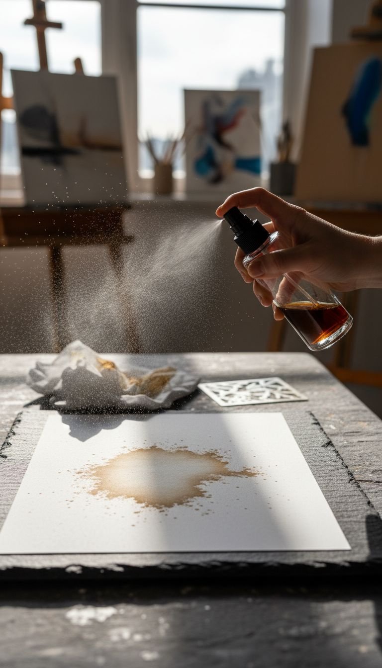 A hand uses a fine mist spray bottle to apply dark coffee onto white paper, creating a soft, elegant gradient effect.