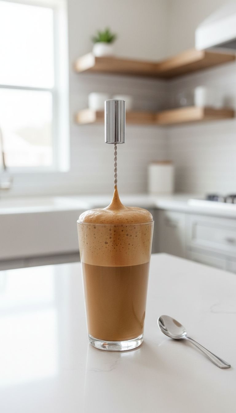 A handheld milk frother whisk creates thick, velvety light-brown foam in a tall glass of coffee on a modern countertop.