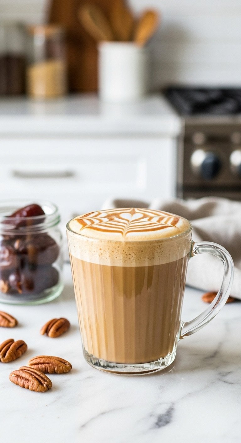 How To Make Adaptogen Coffee To Reduce Stress And Boost Focus 11 A healthy caramel latte drizzled with sauce in a fluted glass mug, on a white marble countertop next to dates and pecans.