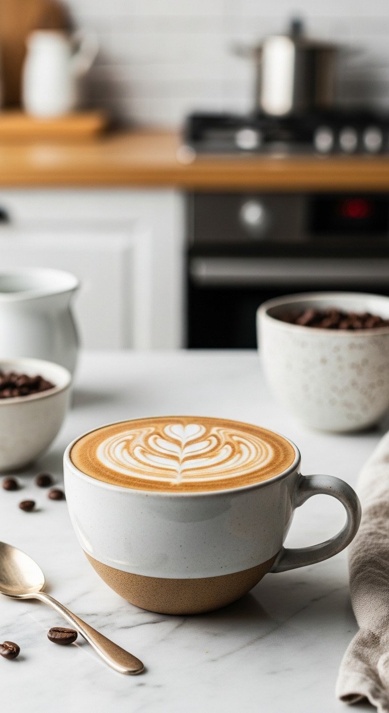 The Simple Trick For A Perfectly Creamy Nutella Latte 3 A hot Nutella latte in a ceramic mug, topped with a beautiful swirl of latte art, on a marble countertop with coffee beans.