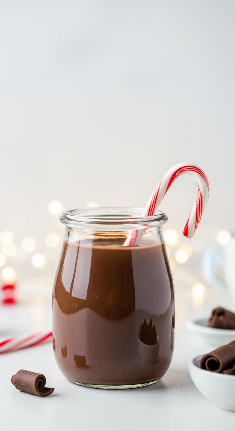 The Easiest Coffee Creamer Recipe With 11 Flavor Ideas 11 A jar of festive peppermint mocha creamer with a candy cane and chocolate curls against a background of holiday lights.