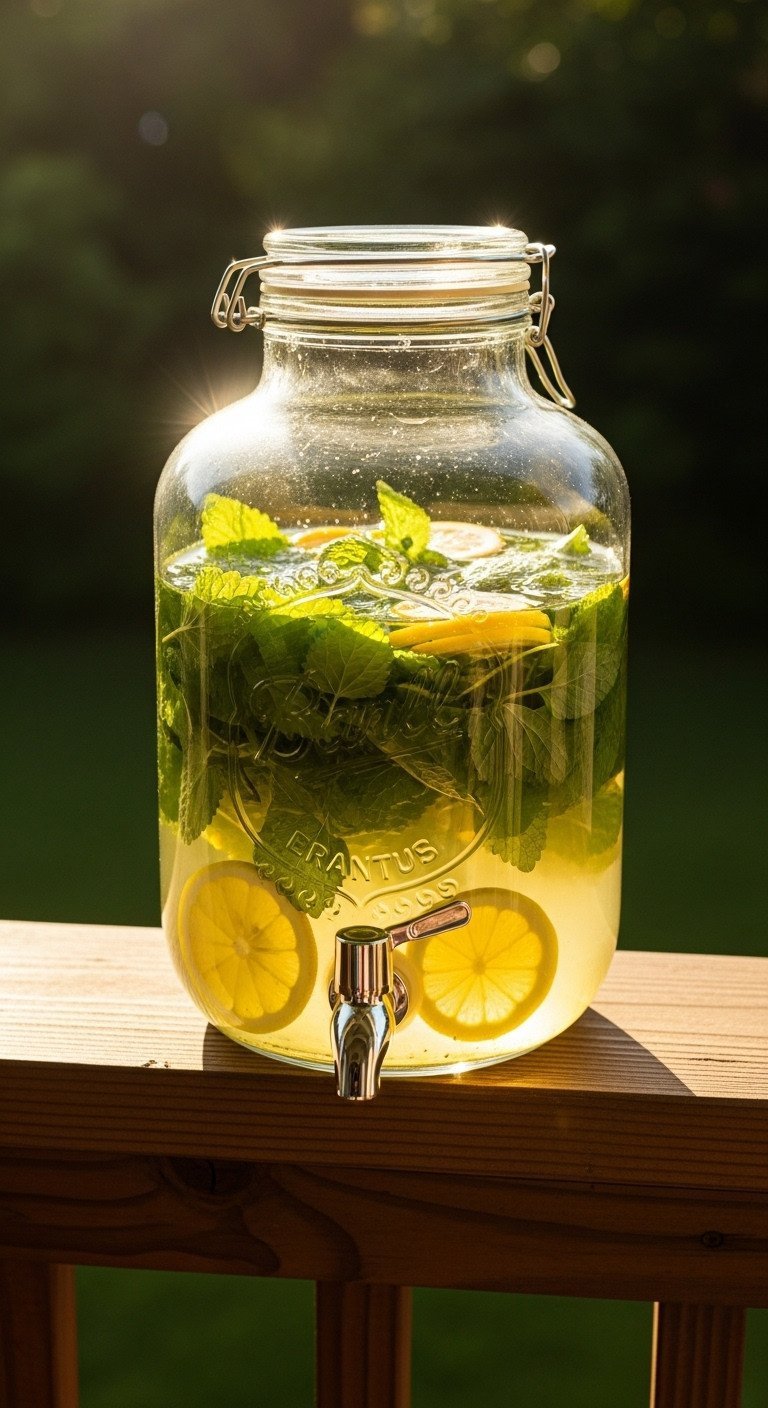 Brew The Perfect Lemon Balm Tea With Fresh Or Dried Leaves 11 A large vintage glass jar of lemon balm sun tea with fresh lemon slices brewing in golden sunlight on a porch railing.