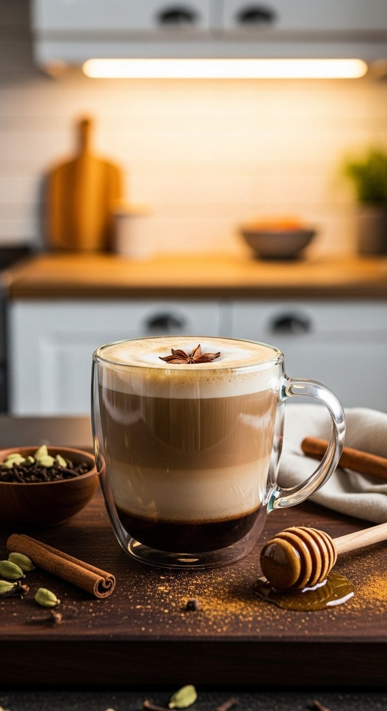 How To Make Adaptogen Coffee To Reduce Stress And Boost Focus 7 A layered spiced chai latte in a clear glass mug garnished with star anise, on a dark wood surface with a bowl of spices.