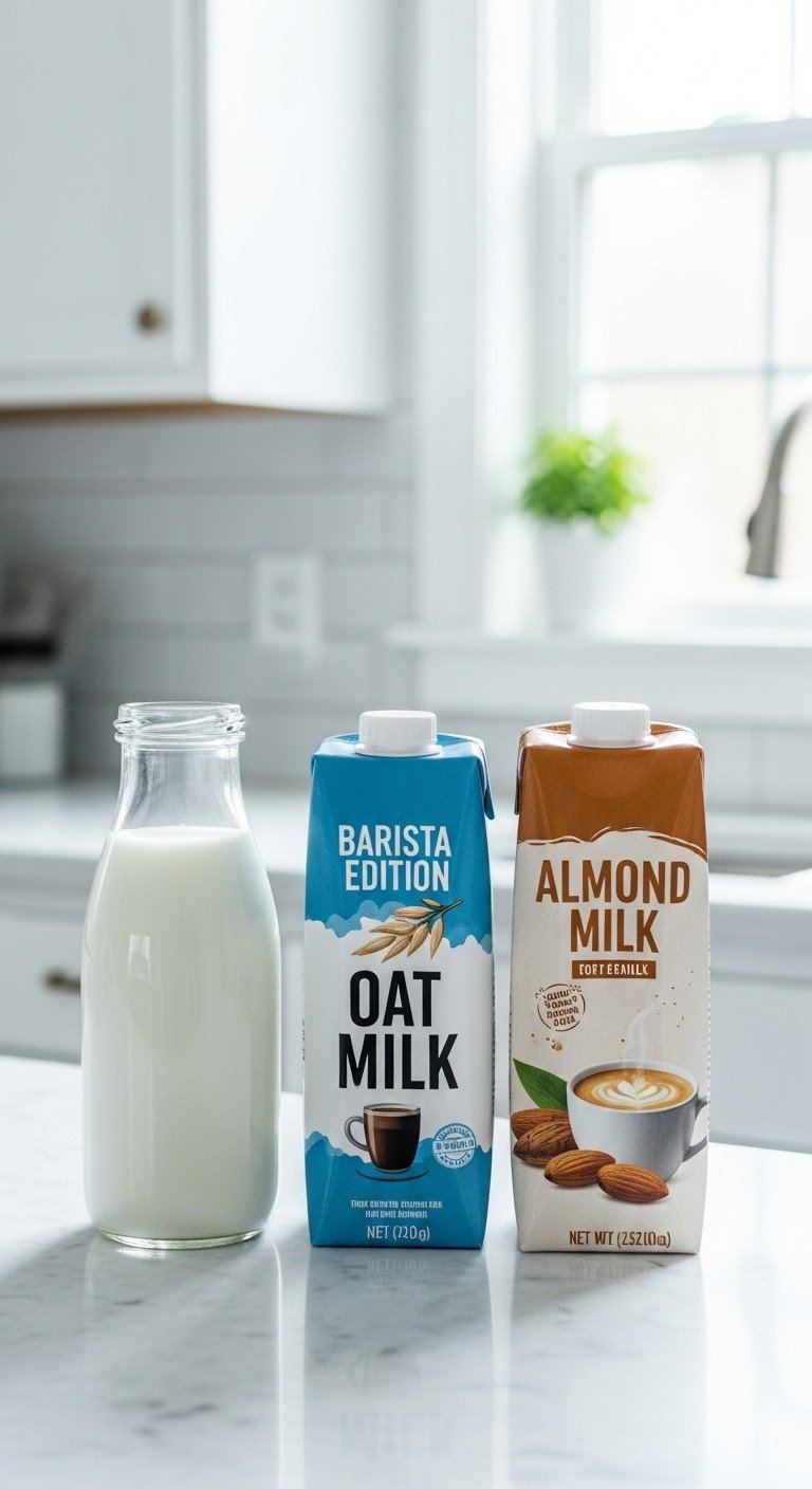 A lineup of fresh milk for lattes on a white marble counter: whole milk, barista oat milk, and almond milk.
