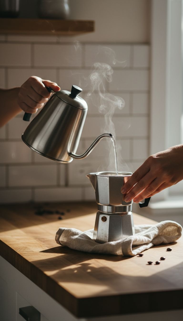 How To Make Moka Pot Coffee That Is Rich And Never Bitter 9 A macro close-up of rich, dark espresso emerging from the spout inside an open stovetop Moka pot during the brew.