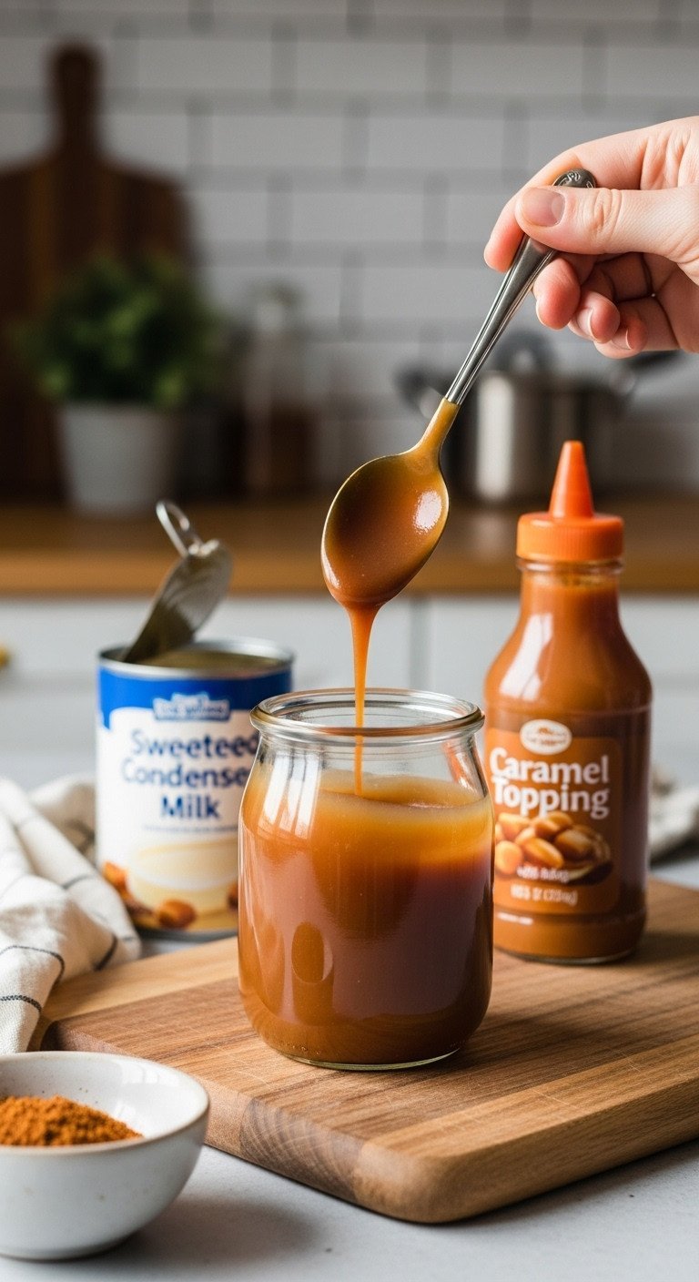 A macro shot of a spoon dripping thick, homemade caramel sauce back into a glass jar on a rustic wooden board in a kitchen.