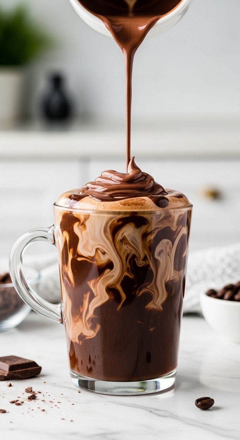 The Easiest Coffee Creamer Recipe With 11 Flavor Ideas 3 A macro shot of rich mocha coffee creamer swirling into a glass mug of coffee on a white marble countertop.