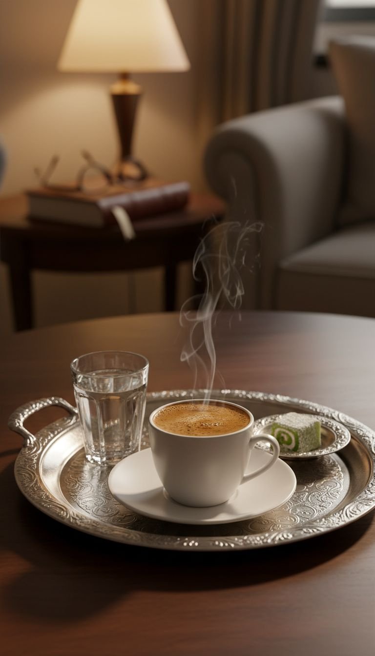 A perfectly served cup of Turkish coffee with thick foam, presented with water and Turkish delight on a tray.