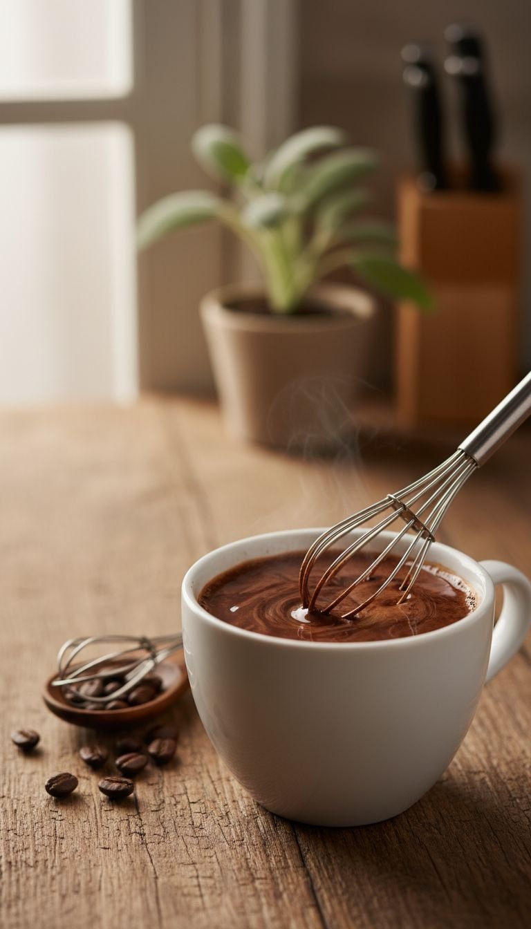 How To Make Mocha At Home Like A Barista No Machine 5 A person holding a glass mason jar with a gold lid, filled with freshly shaken hot milk and a thick layer of white foam.