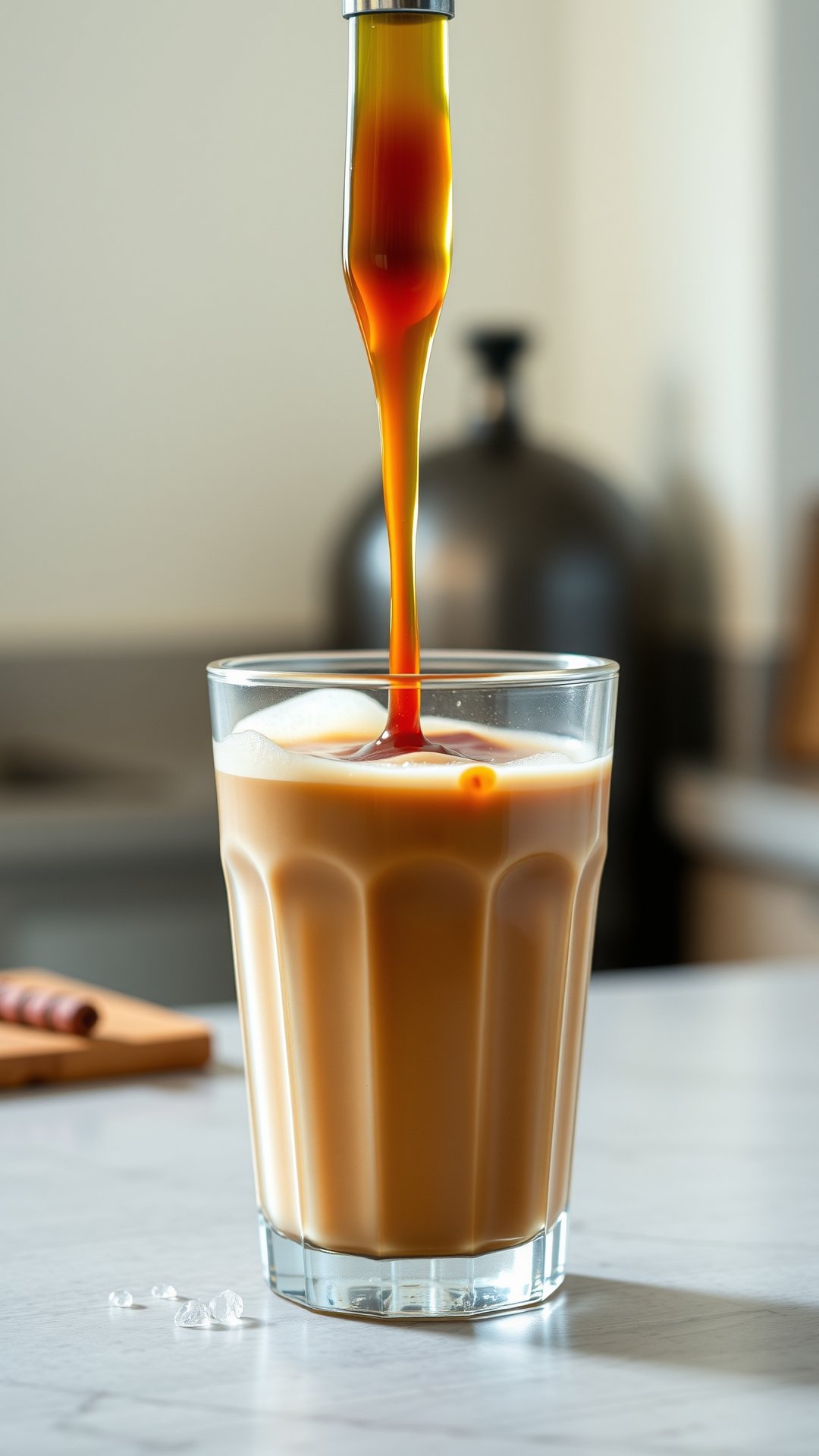 A pump adds a ribbon of caramel syrup into a glass of creamy iced protein coffee, creating a delicious flavor swirl.