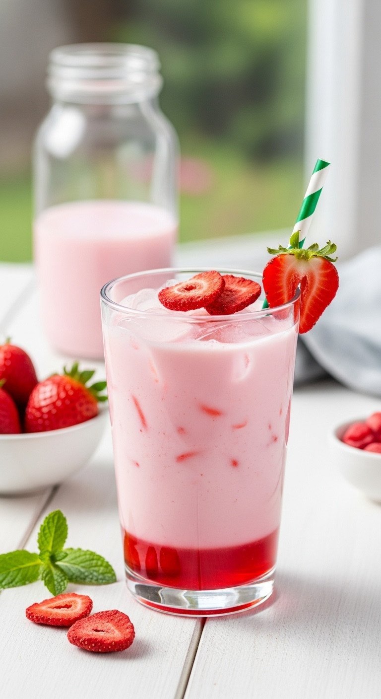 A refreshing glass of Starbucks Pink Drink with freeze-dried strawberry slices on a sunny patio table with fresh mint.