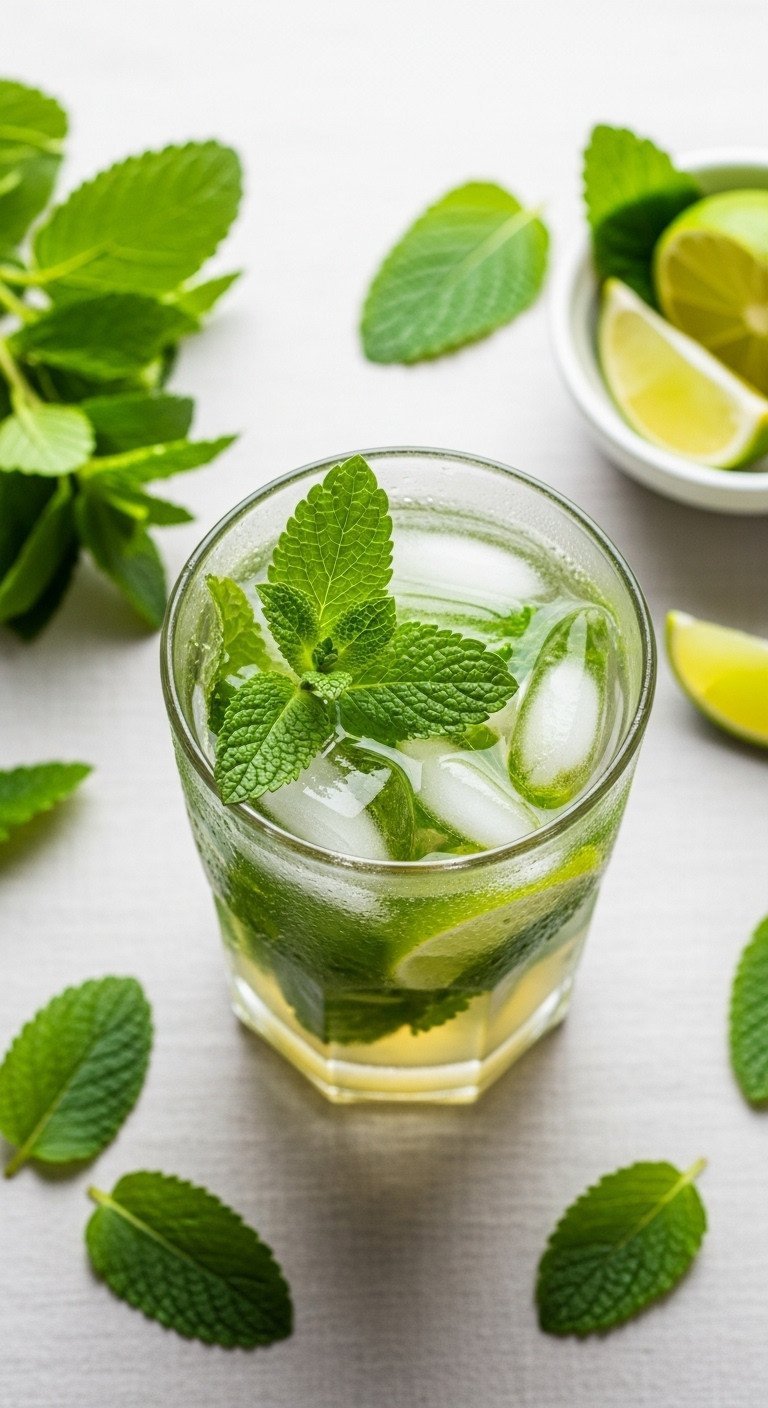 Brew The Perfect Lemon Balm Tea With Fresh Or Dried Leaves 7 A refreshing top-down flat lay of iced lemon balm and mint tea with fresh lime wedges on a crisp linen tablecloth.
