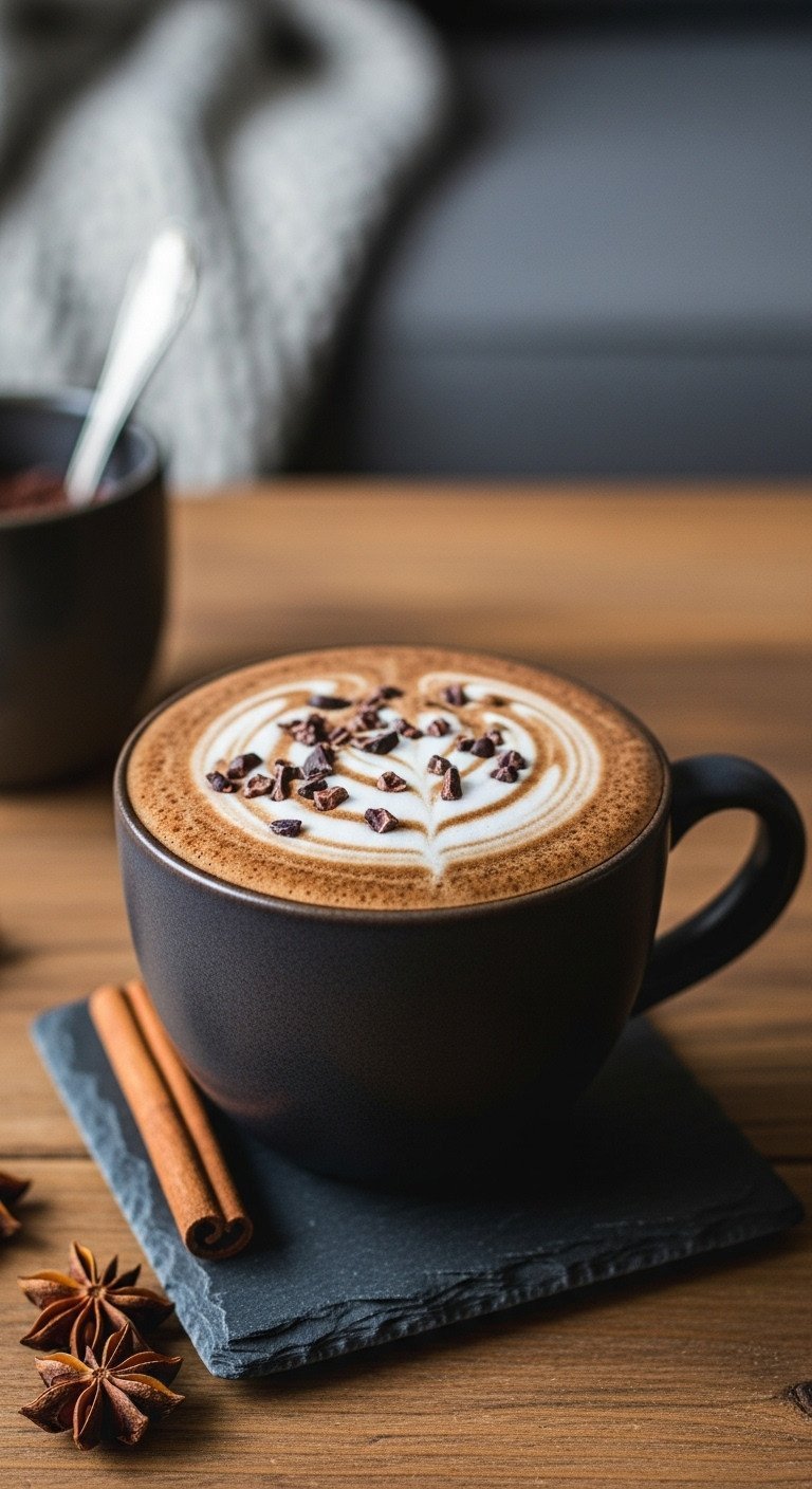 How To Make Adaptogen Coffee To Reduce Stress And Boost Focus 3 A rich dark mocha with almond milk foam and cacao nibs in a stoneware mug on a rustic wooden table next to a cinnamon stick.