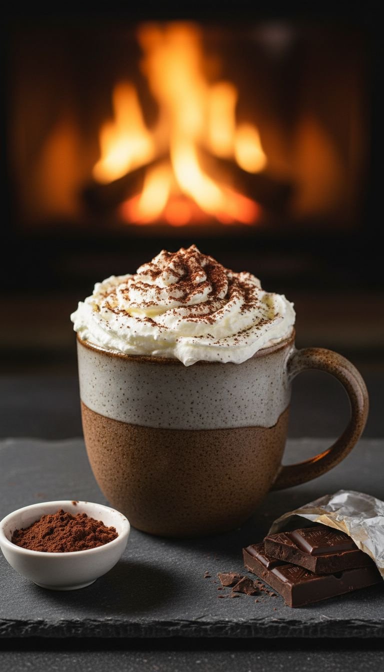 A rich homemade mocha in a ceramic mug, topped with fluffy whipped cream and a dusting of cocoa powder for a dessert.