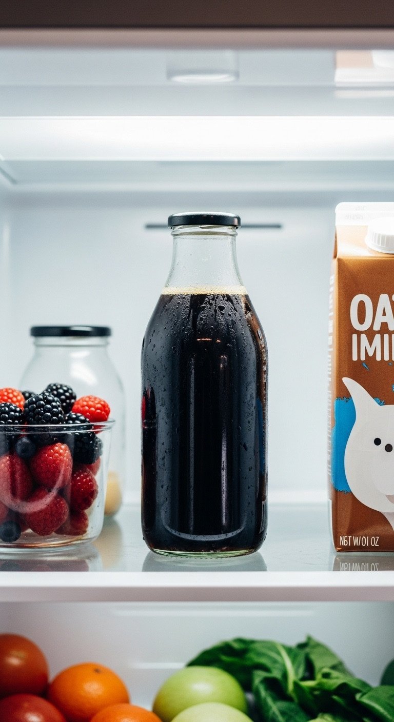 Make Perfect Cold Brew Coffee At Home Without The Mistakes 11 A sealed glass bottle of dark cold brew concentrate stored neatly on a shelf in a clean, organized refrigerator.