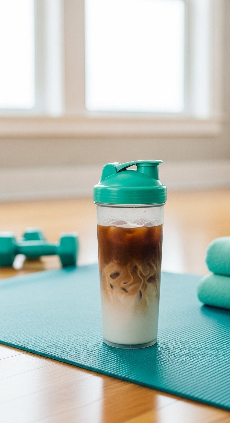 A shaker bottle with a coffee drink rests on a teal yoga mat in a home gym, with light dumbbells in the background.