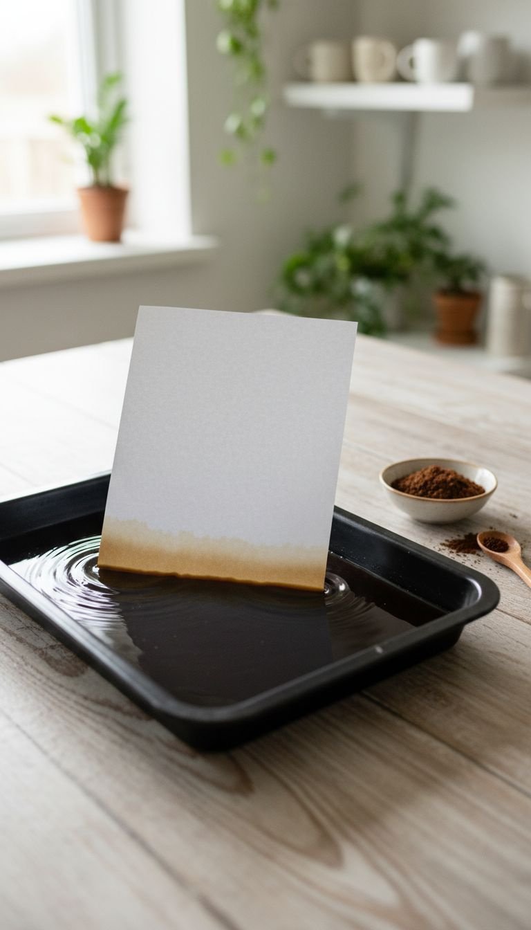 A sheet of white paper submerged in a black tray of dark coffee, showing a DIY technique for creating aged or stained paper.