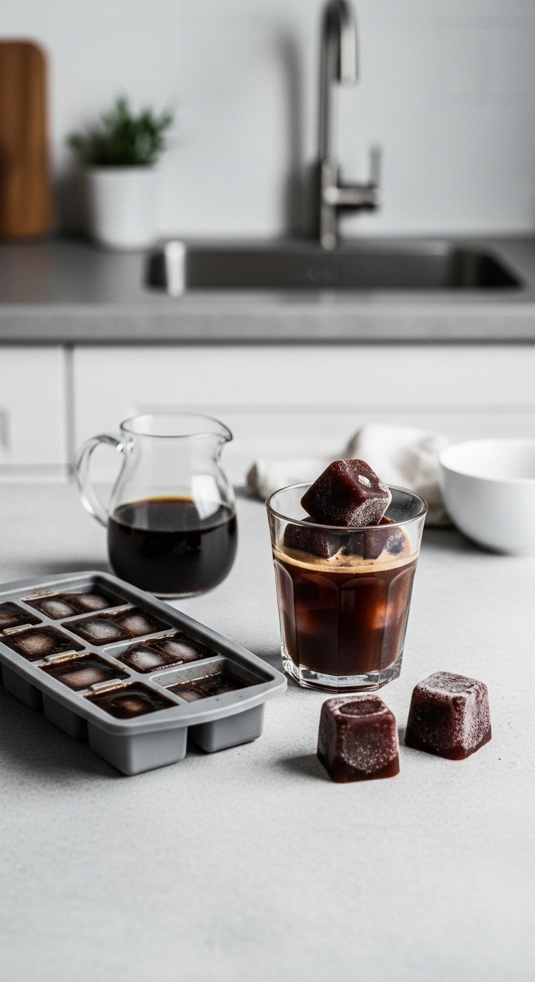 A silicone ice cube tray filled with dark coffee ice cubes on a gray concrete surface, with a glass ready for iced coffee.