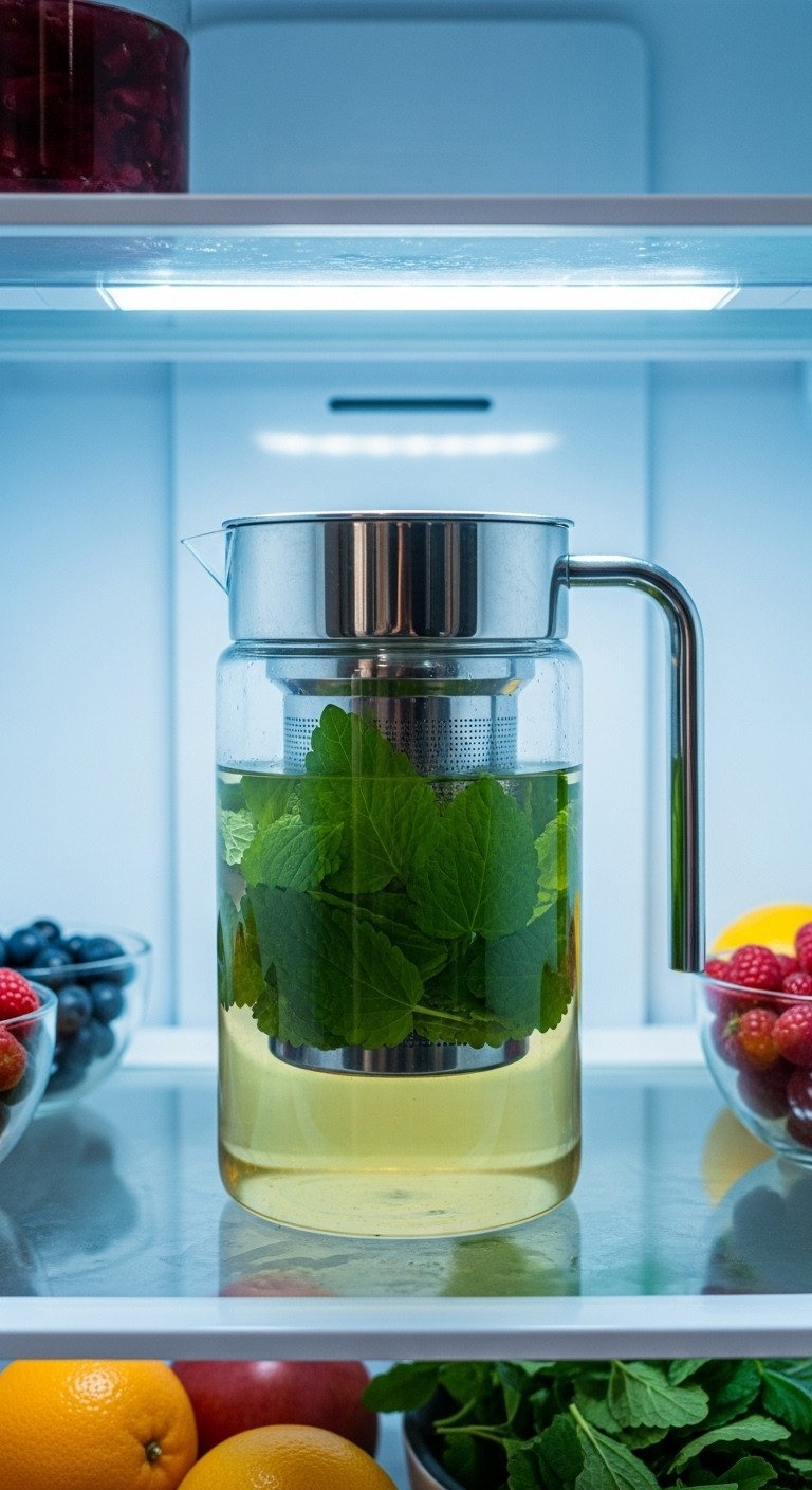 Brew The Perfect Lemon Balm Tea With Fresh Or Dried Leaves 13 A sleek, modern cold brew pitcher filled with lemon balm leaves infusing in a bright, organized refrigerator shelf.