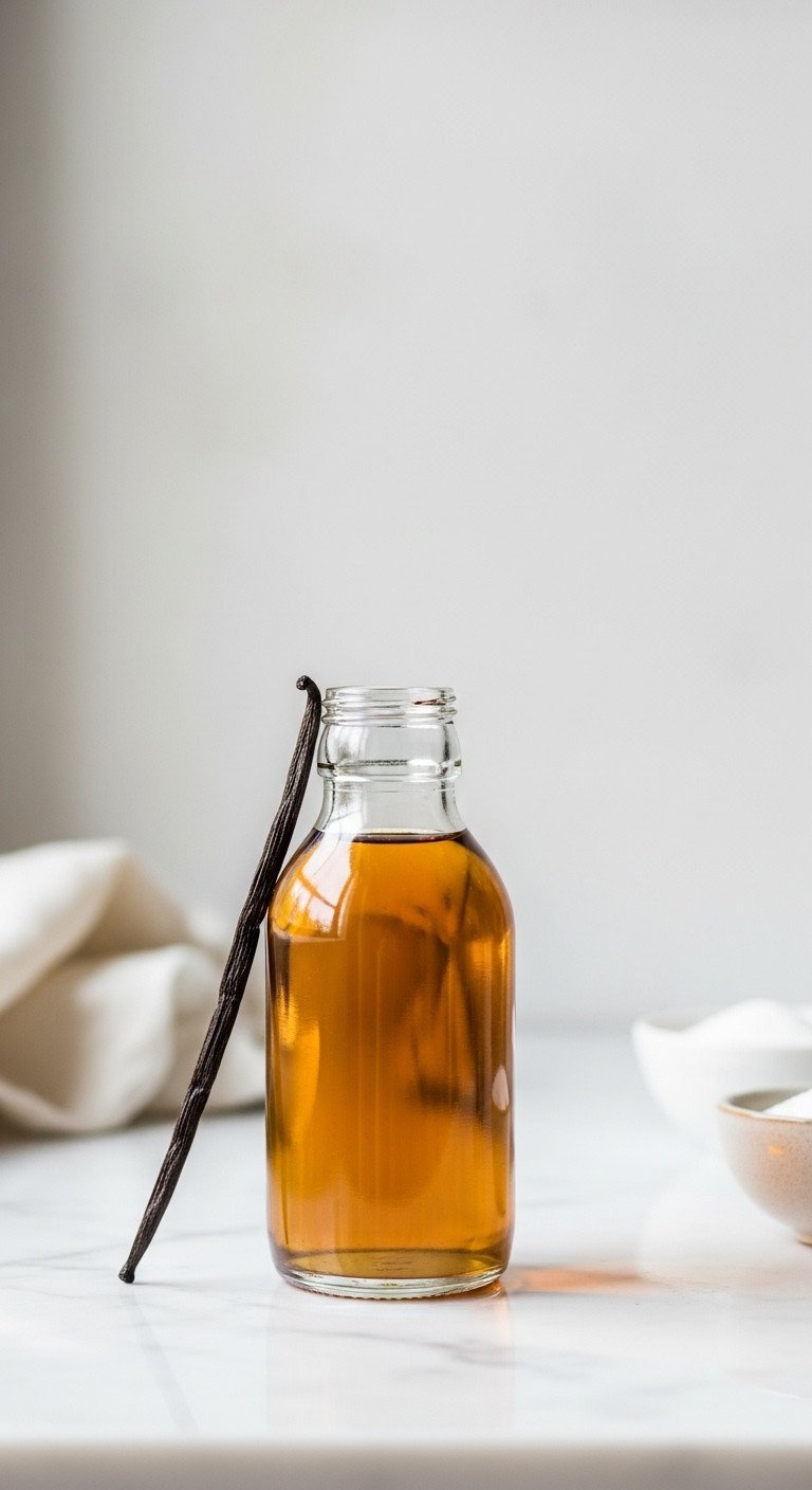 A small glass bottle of homemade golden vanilla syrup on a white marble countertop with a fresh vanilla bean pod resting beside it.