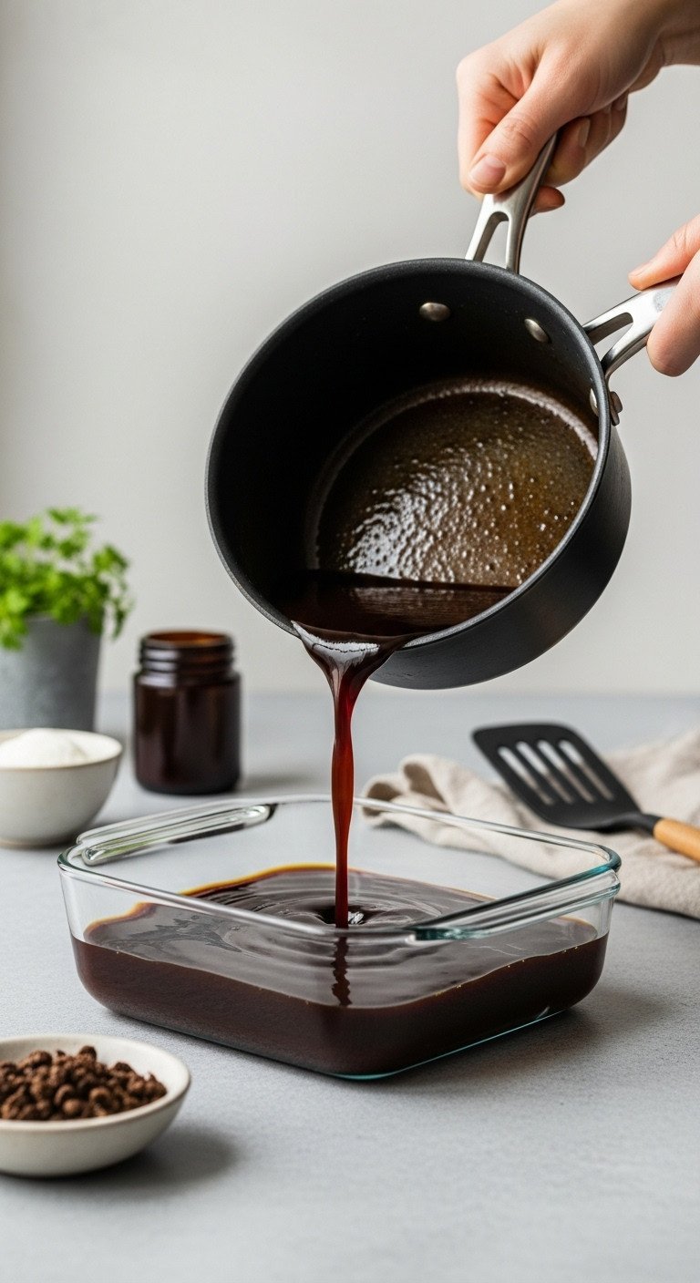 A smooth, dark coffee jelly liquid being poured from a saucepan into a square clear glass baking dish on a concrete counter.