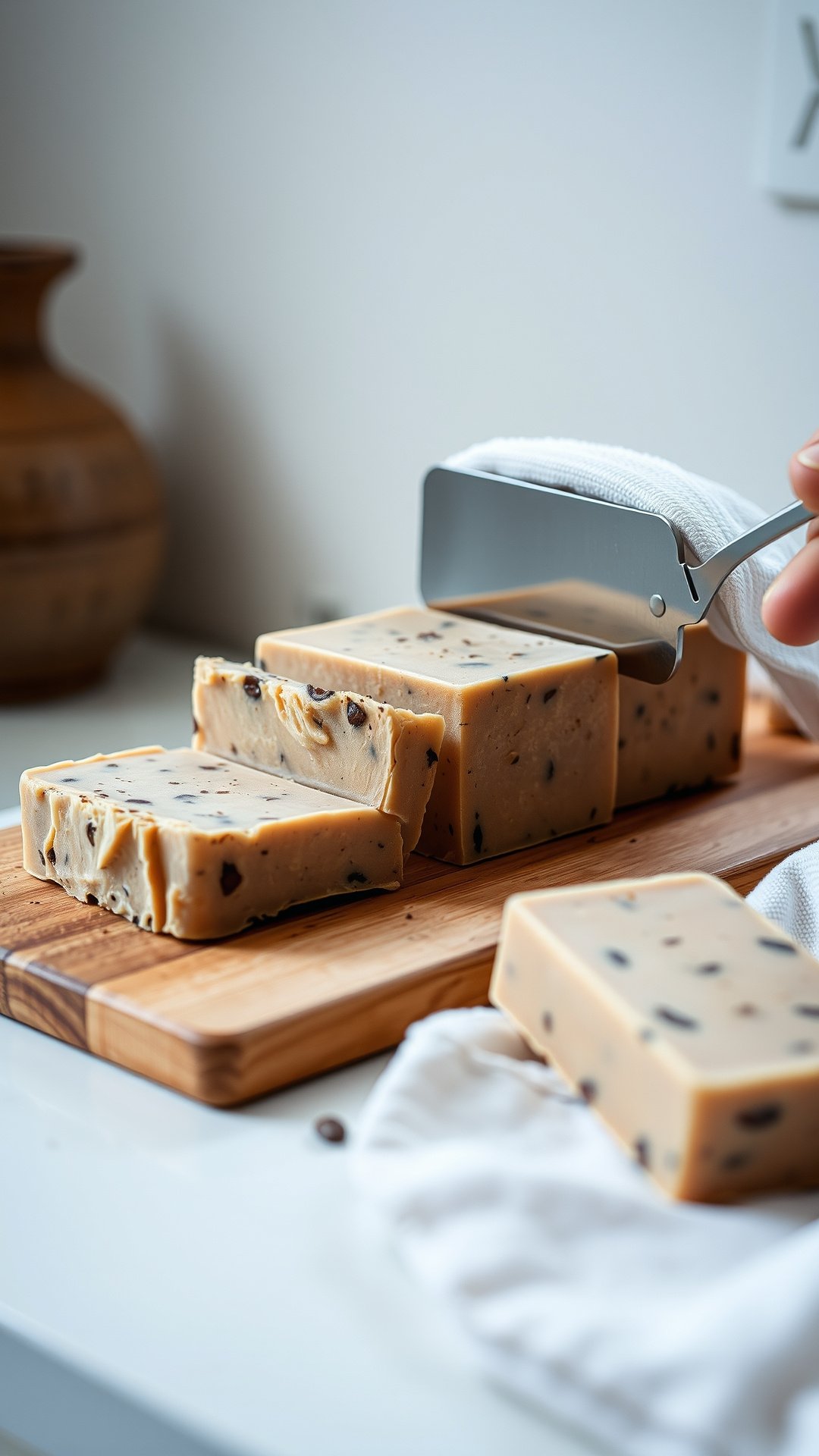 Make Perfect Coffee Soap With Our Complete Step By Step Guide 11 A solid loaf of handmade coffee-flecked soap being precisely sliced into individual bars with a soap cutter on a wooden board.
