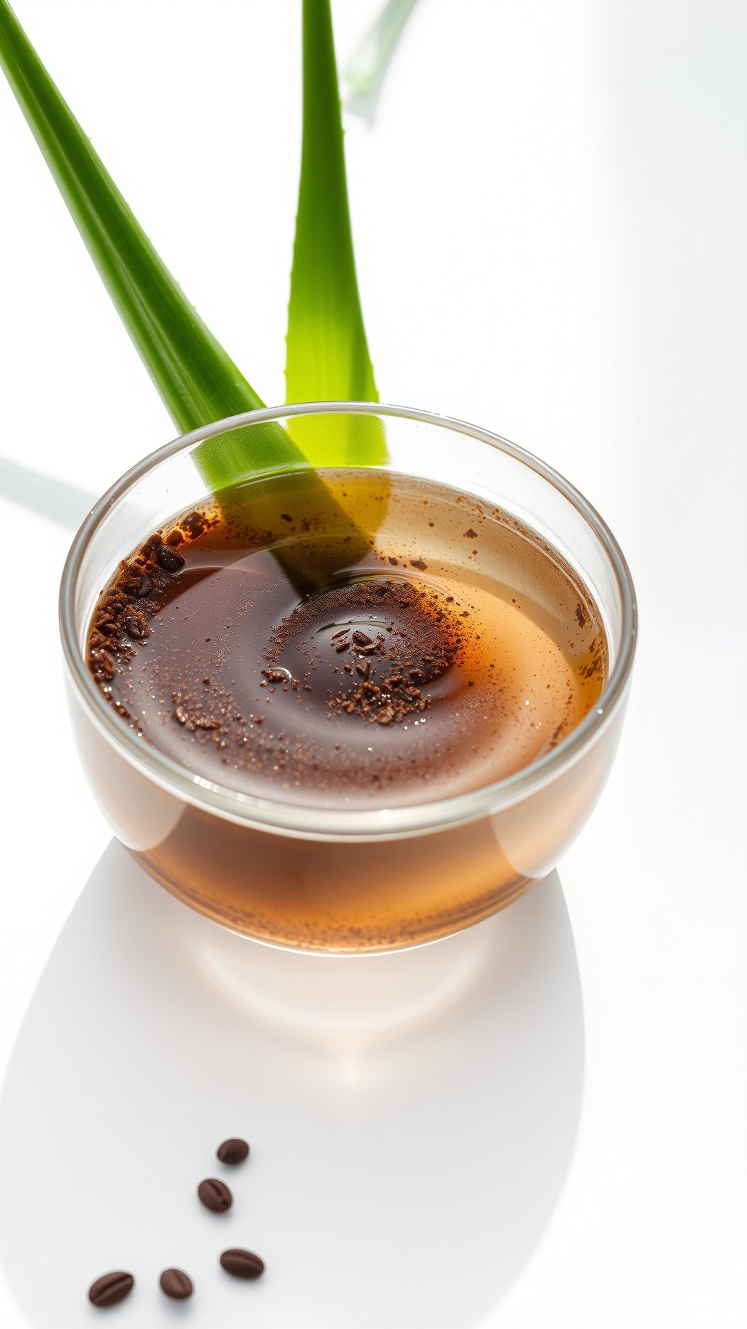 7 Coffee Face Mask Recipes For Instantly Radiant Skin 13 A soothing DIY coffee and aloe vera gel face mask in a frosted glass bowl next to a fresh aloe leaf on a white background.