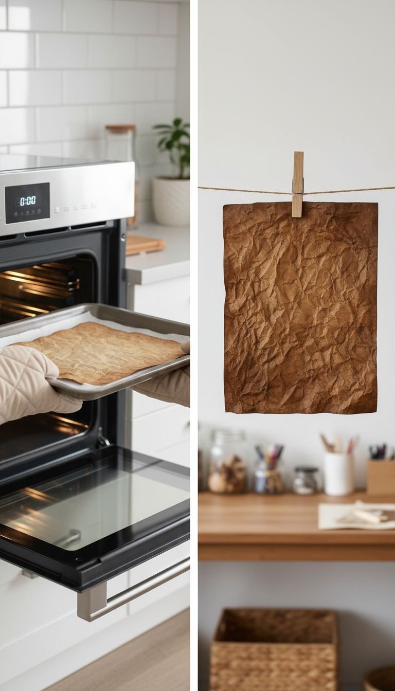 A split image comparing drying methods for stained paper: flat and smooth from an oven versus wrinkled from air-drying.