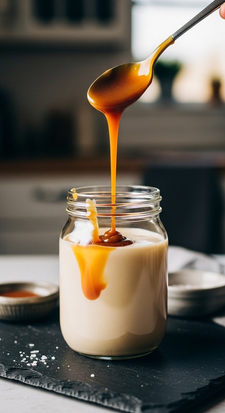The Easiest Coffee Creamer Recipe With 11 Flavor Ideas 5 A spoon drizzling golden caramel into a glass jar of creamy coffee creamer, with sea salt flakes on a slate surface.