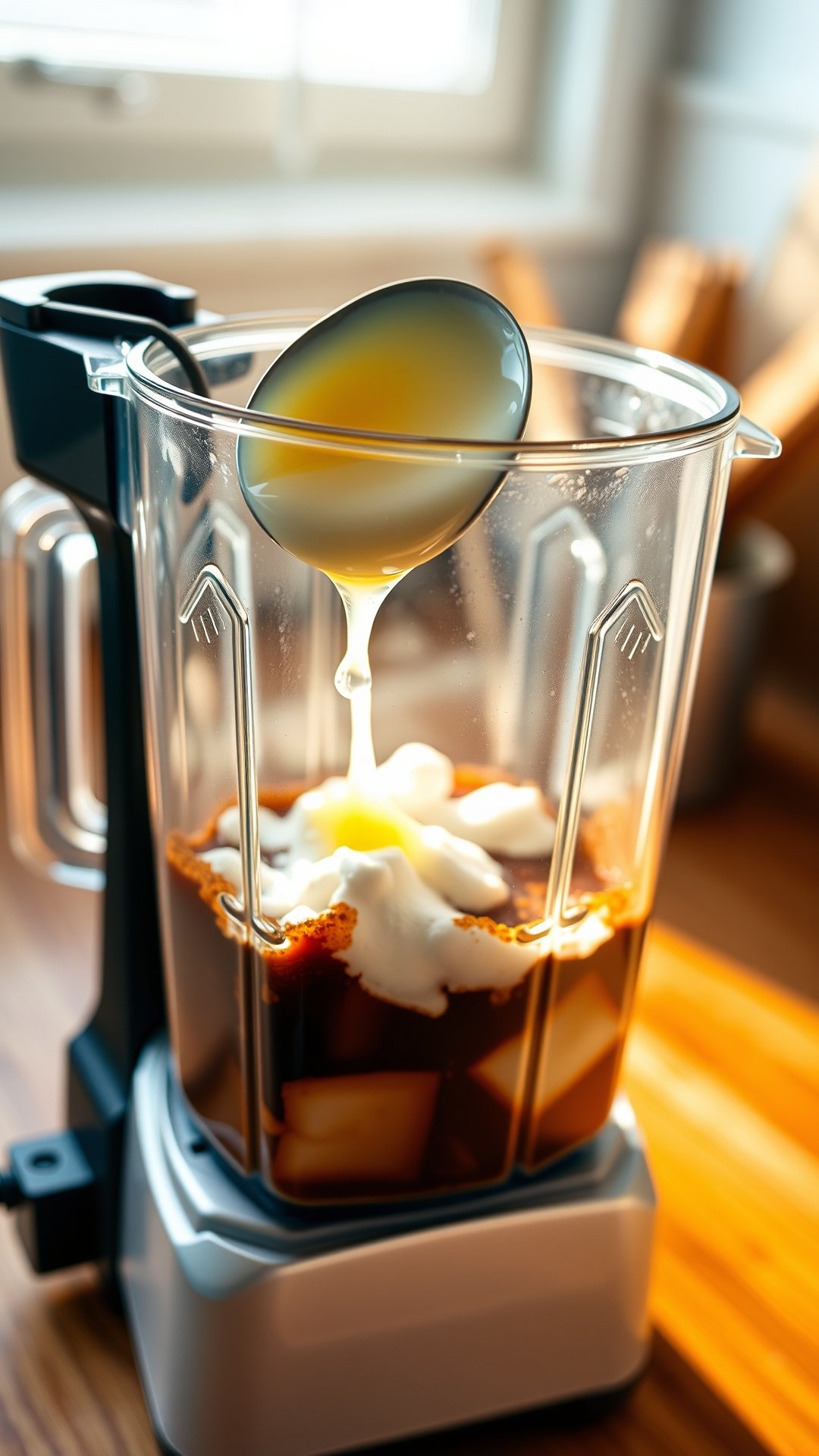 A spoonful of creamy coconut MCT oil is added to a blender with coffee and protein powder for a healthy fat boost.