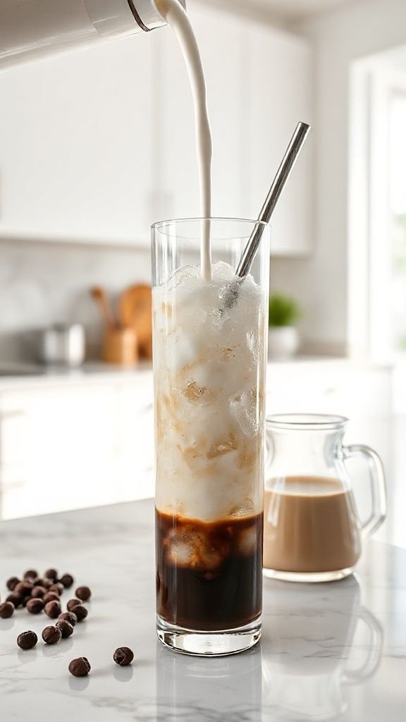 How To Make Mocha At Home Like A Barista No Machine 3 A spoonful of instant espresso powder dissolving in hot water in a clear glass mug on a white marble kitchen counter.