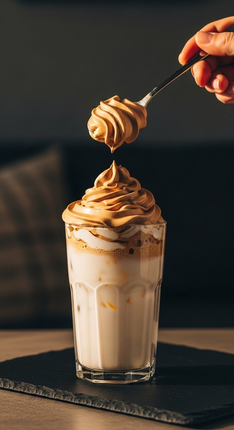 A spoonful of thick, fluffy Dalgona coffee whip is carefully layered on top of a glass of iced milk on a slate surface.