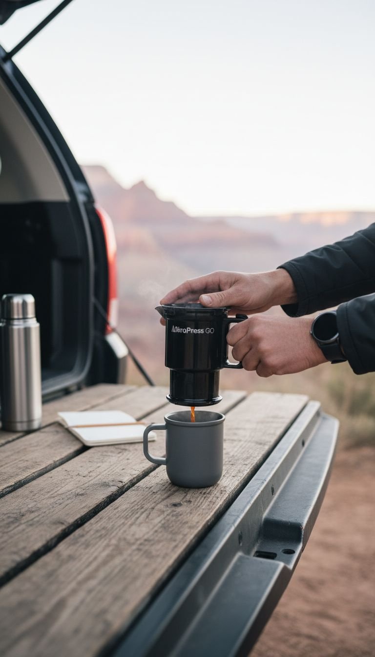 A stainless steel camping French press and two enamel mugs of coffee on a table for a cozy breakfast at a lakeside campsite.