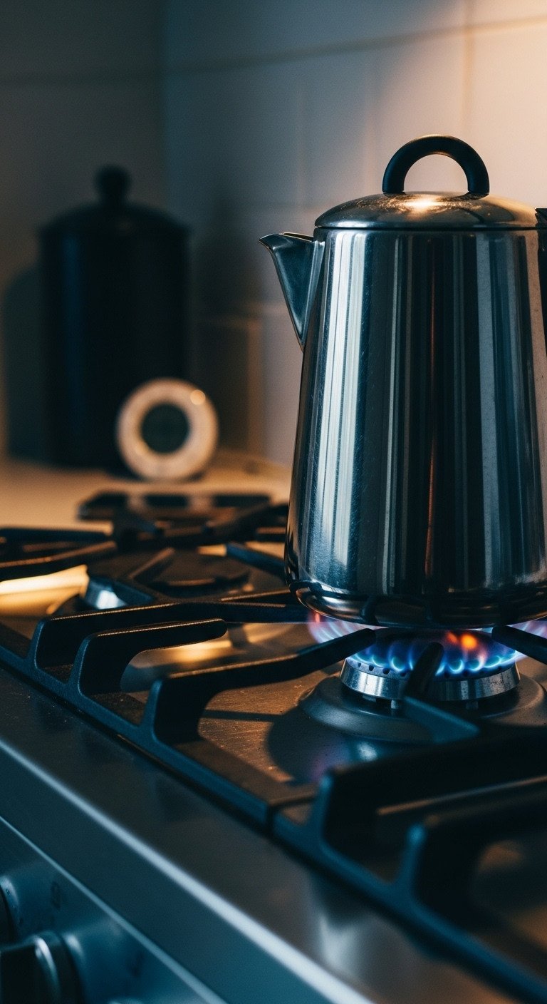 A stainless steel coffee percolator begins to brew over the gentle blue flame of a gas stove in a cozy, dark kitchen.