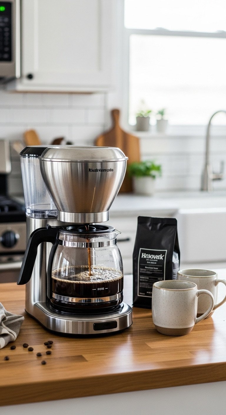 How To Make Black Coffee The Right Way For Perfect Taste 3 A stainless steel drip coffee maker brewing fresh coffee into a glass carafe on a wooden butcher block countertop.